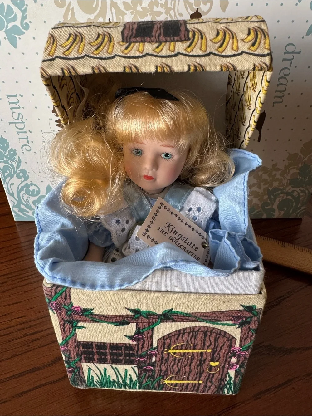 Alice In Wonderland Doll Kingstate Porcelain In House Cottage Box Vintage